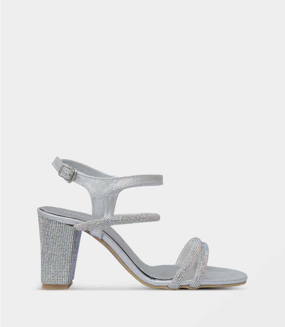 Iridescent Gem-Embellished Silver Block-Heel Sandals