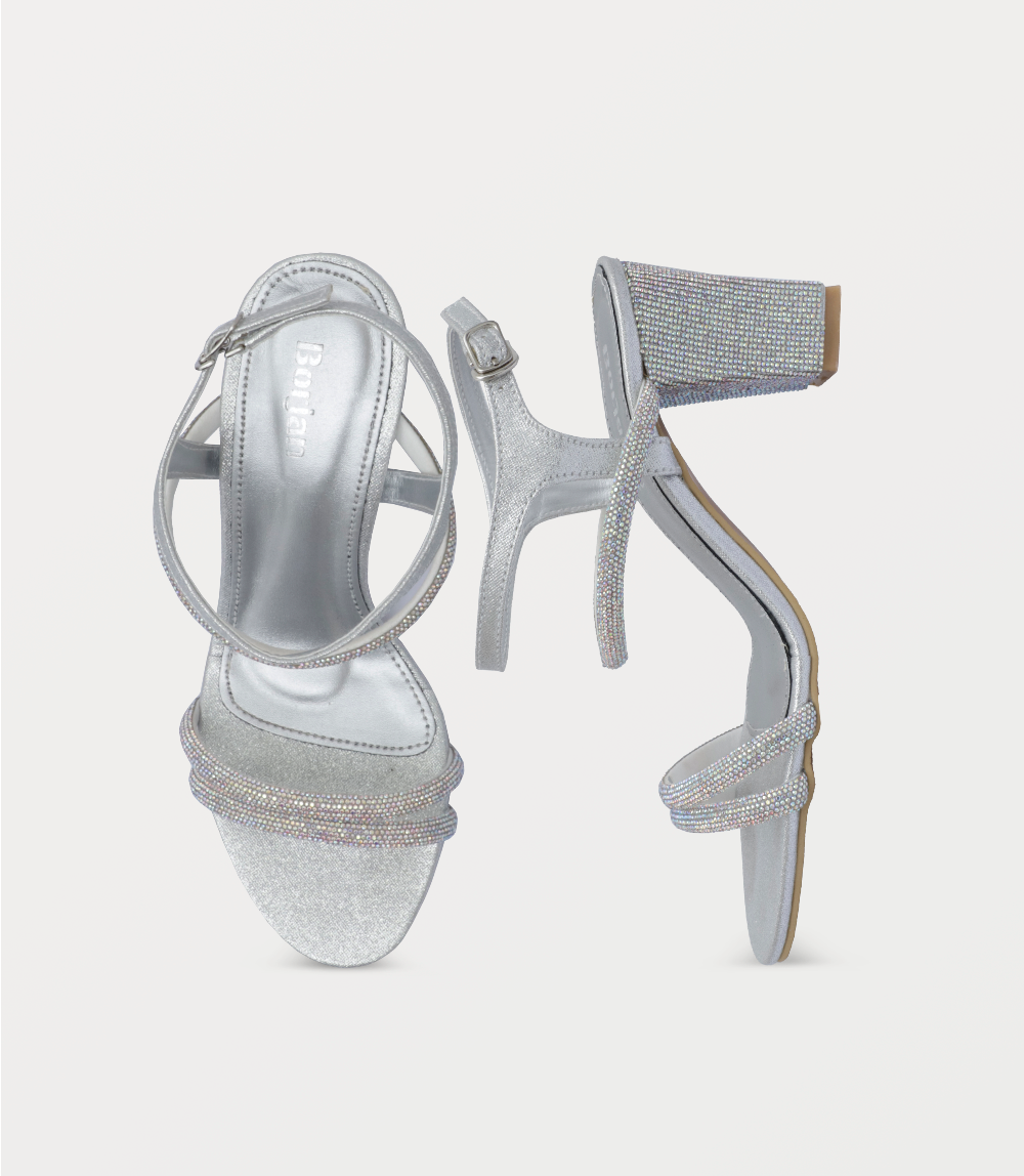 Iridescent Gem-Embellished Silver Block-Heel Sandals