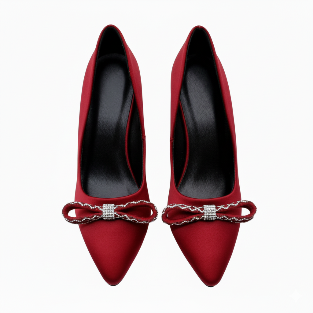 Elegant Satin Pointed-Toe Heels with Rhinestone Bow.