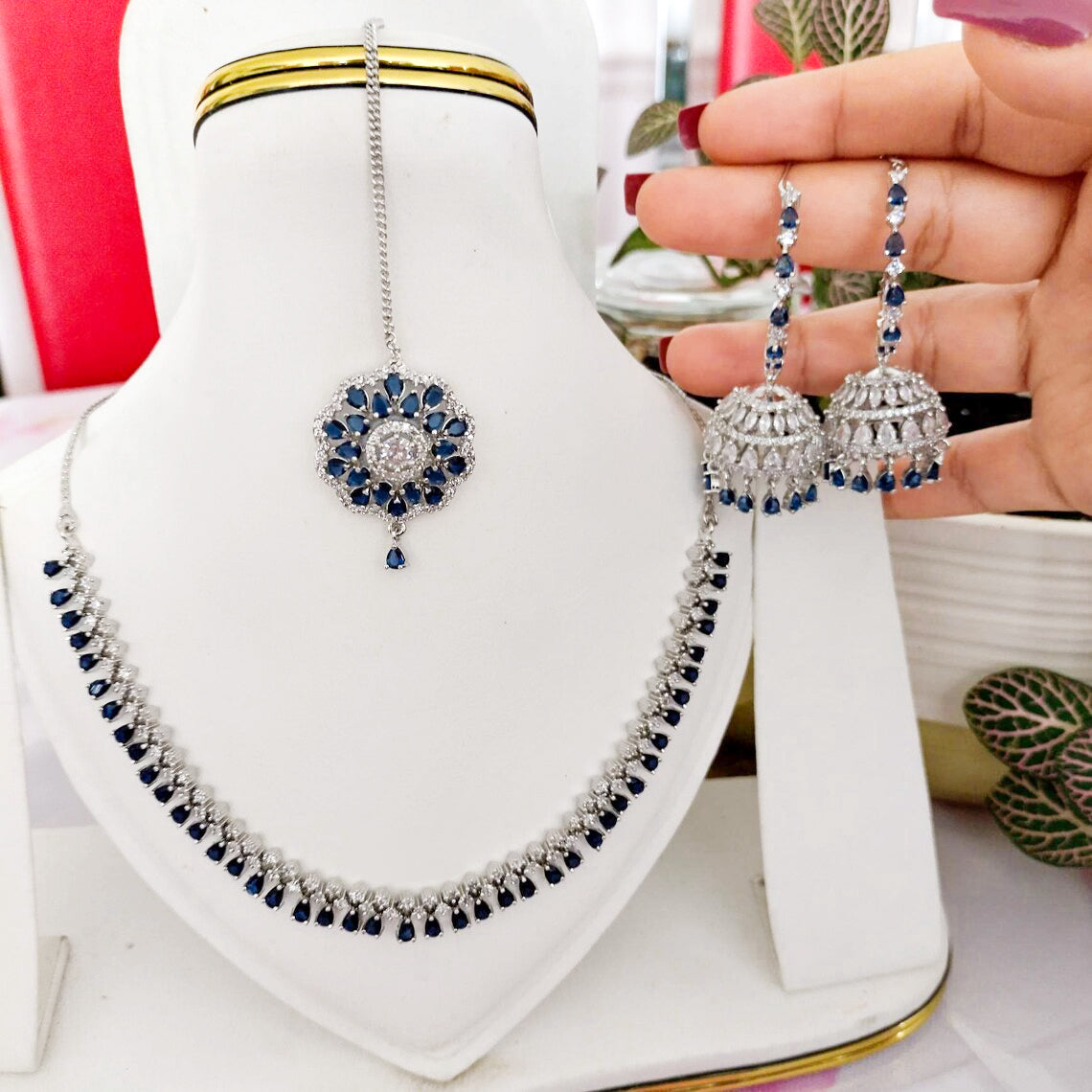 AA Royal Blue Sapphire & Diamond Bridal Jewelry Set – Necklace with Jhumka Earrings