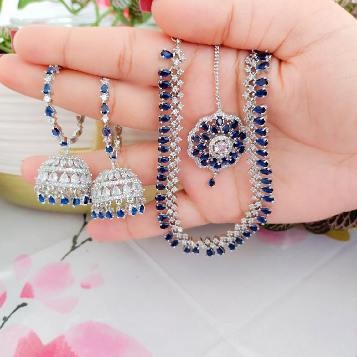 AA Royal Blue Sapphire & Diamond Bridal Jewelry Set – Necklace with Jhumka Earrings