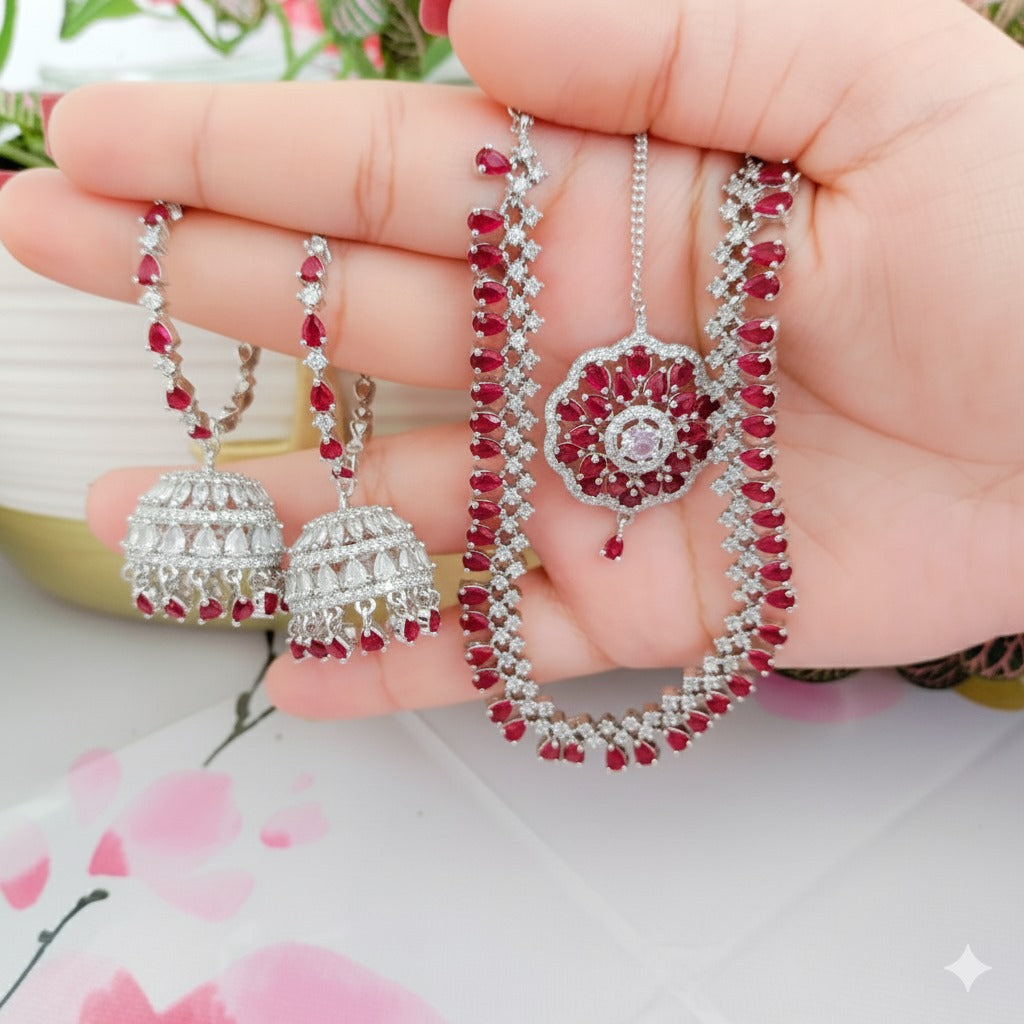 AA Royal Blue Sapphire & Diamond Bridal Jewelry Set – Necklace with Jhumka Earrings