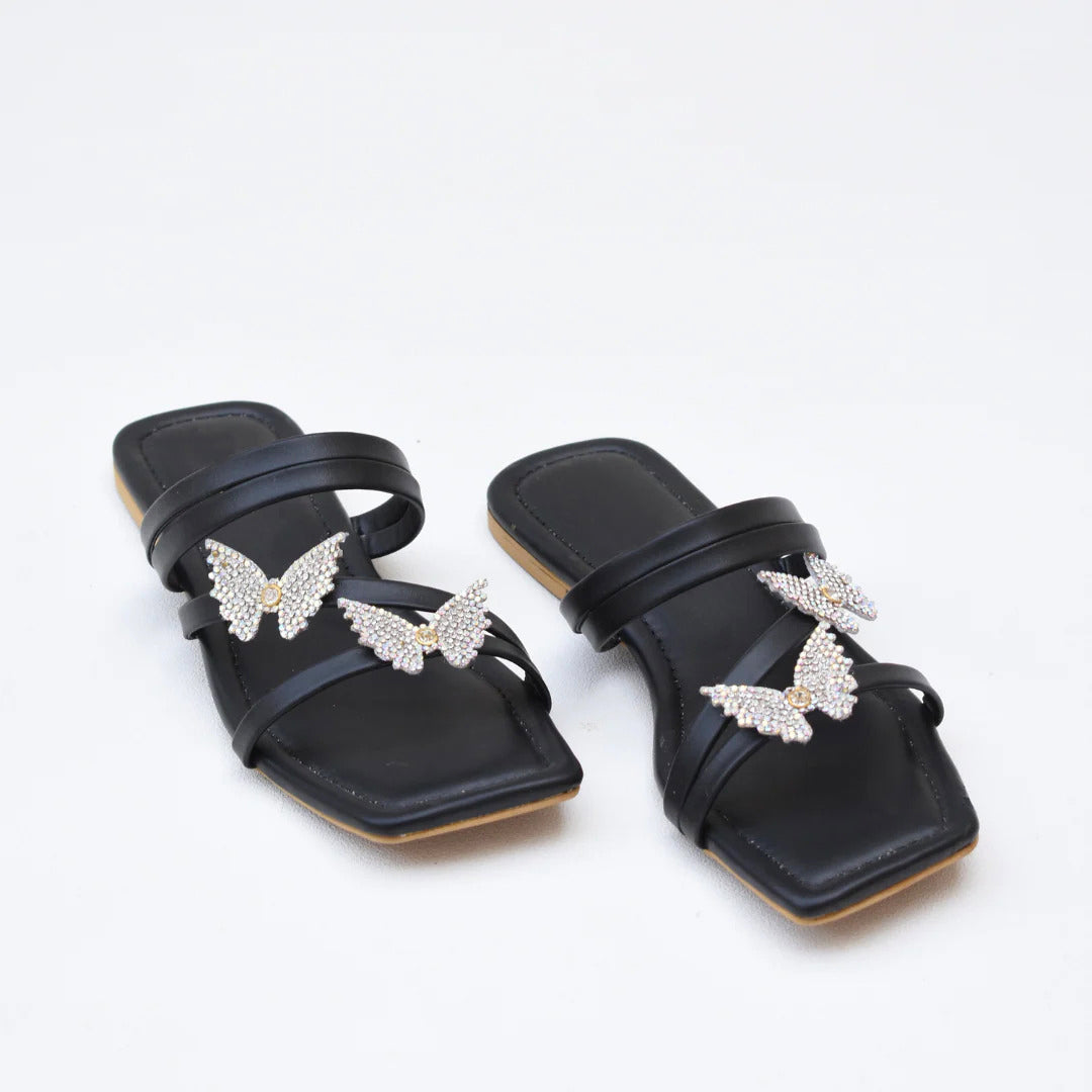 Brown Flat Sandals with Crystal Butterfly Embellishment