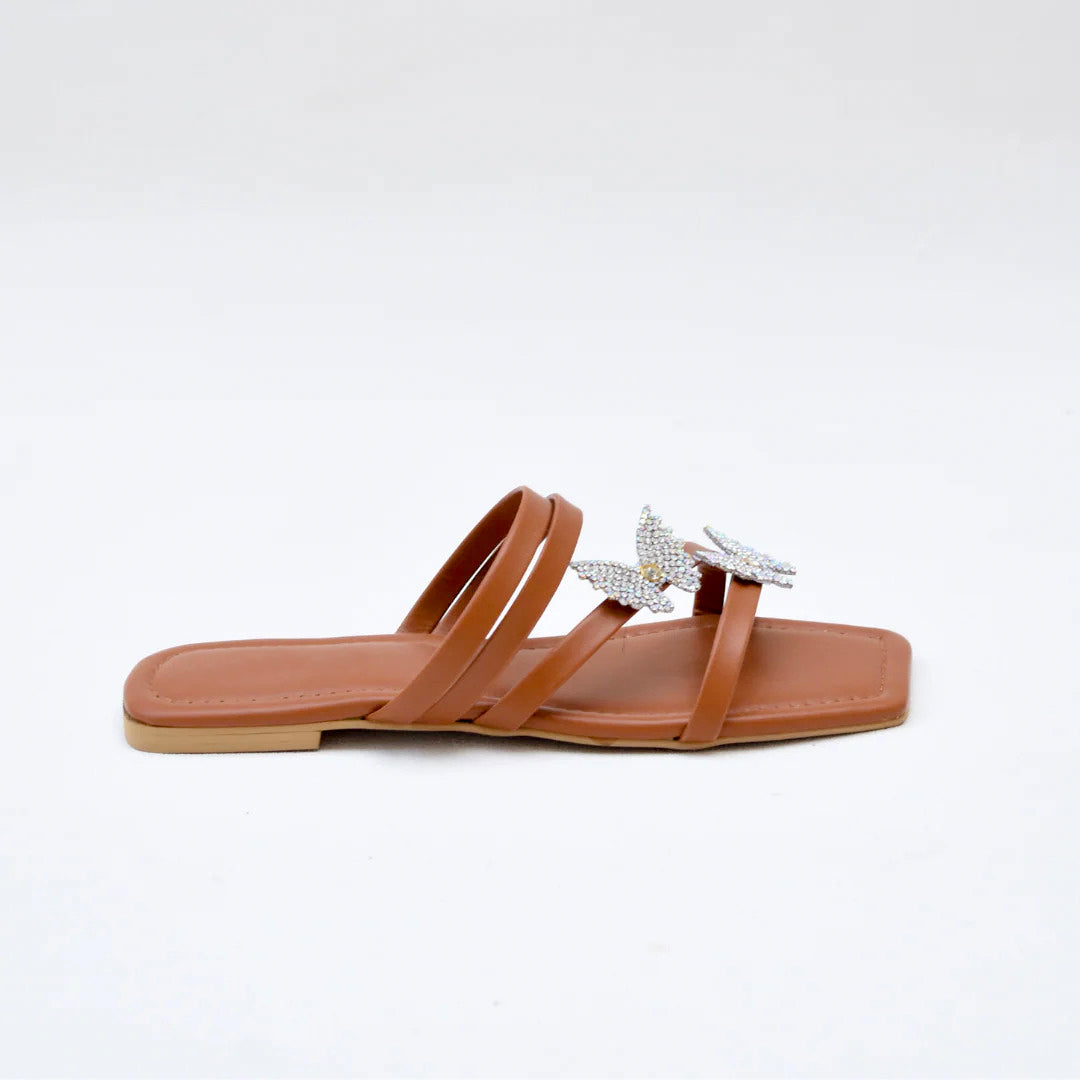 Brown Flat Sandals with Crystal Butterfly Embellishment
