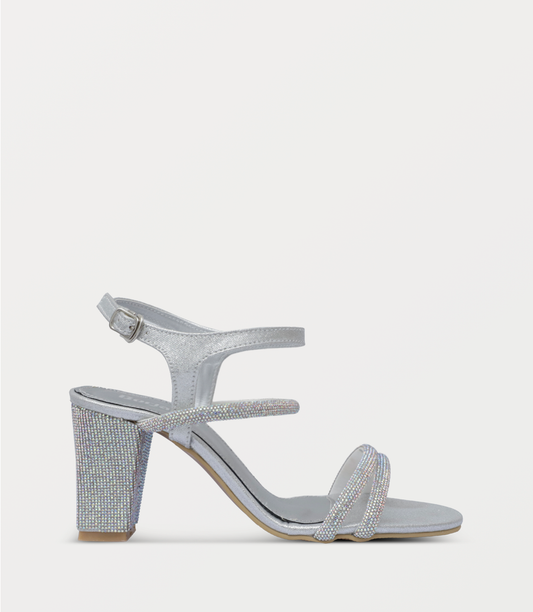 Iridescent Gem-Embellished Silver Block-Heel Sandals