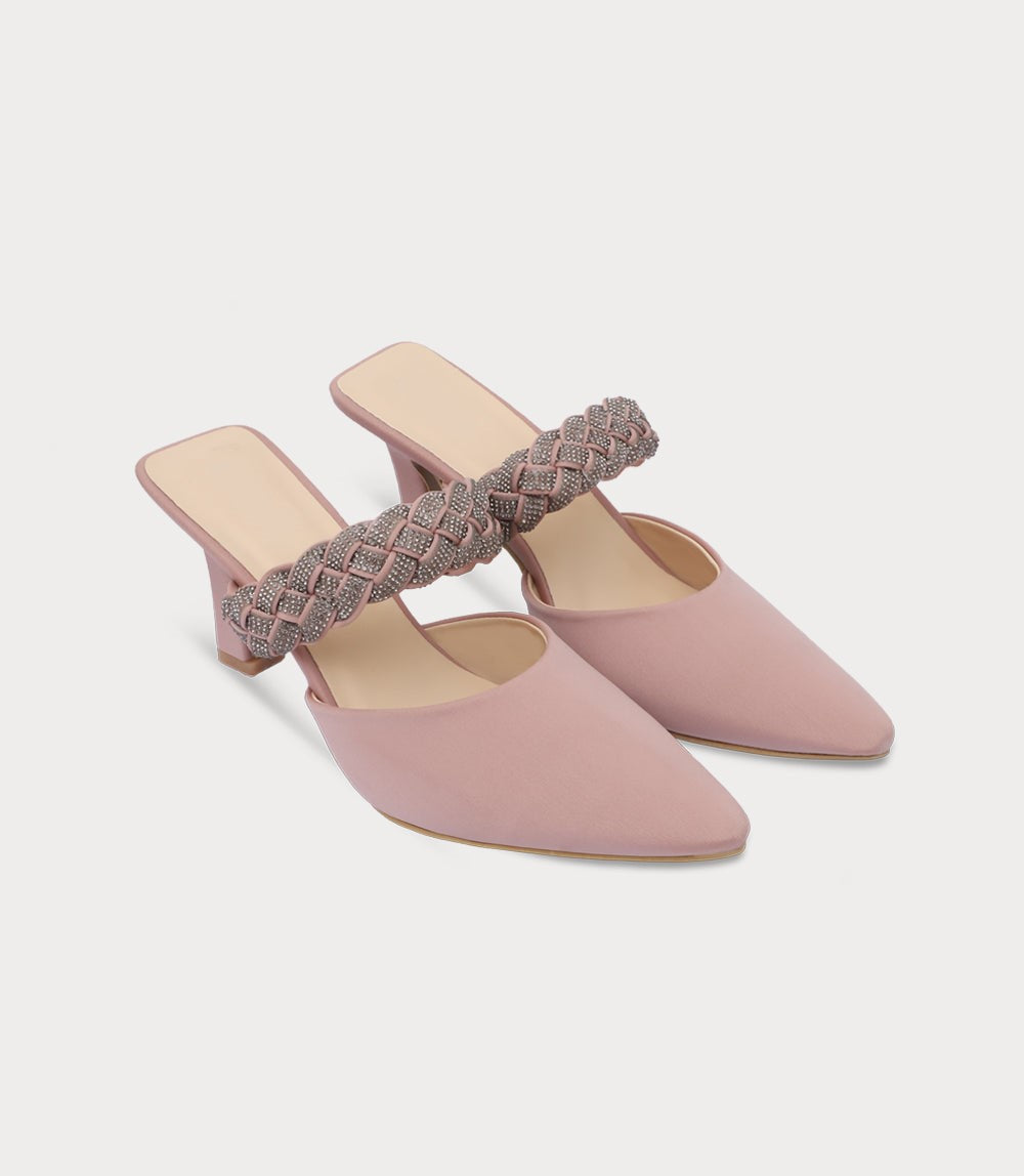 Dusty Rose Sparkle Braided Strap Heeled Mules