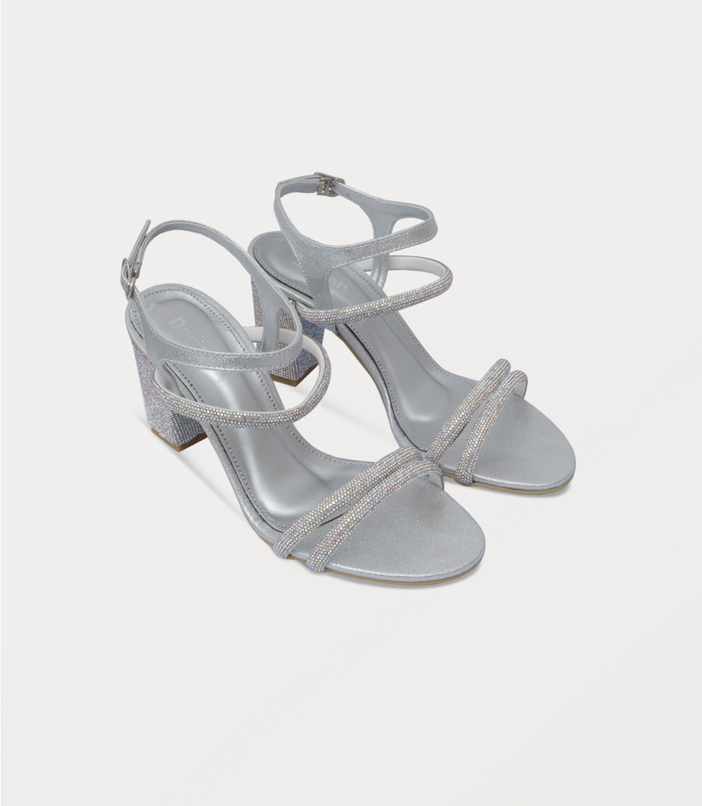 Iridescent Gem-Embellished Silver Block-Heel Sandals