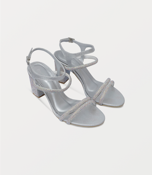 Iridescent Gem-Embellished Silver Block-Heel Sandals