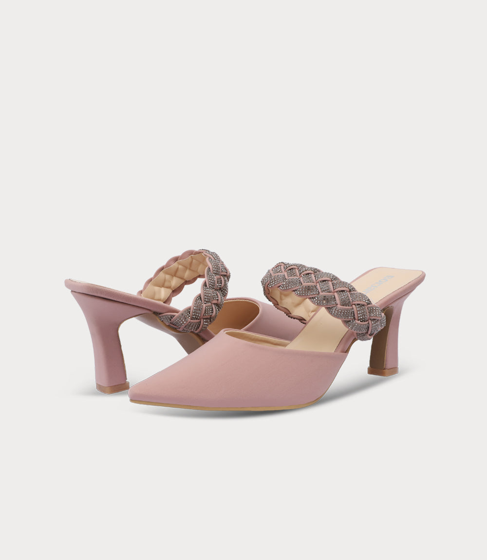 Dusty Rose Sparkle Braided Strap Heeled Mules
