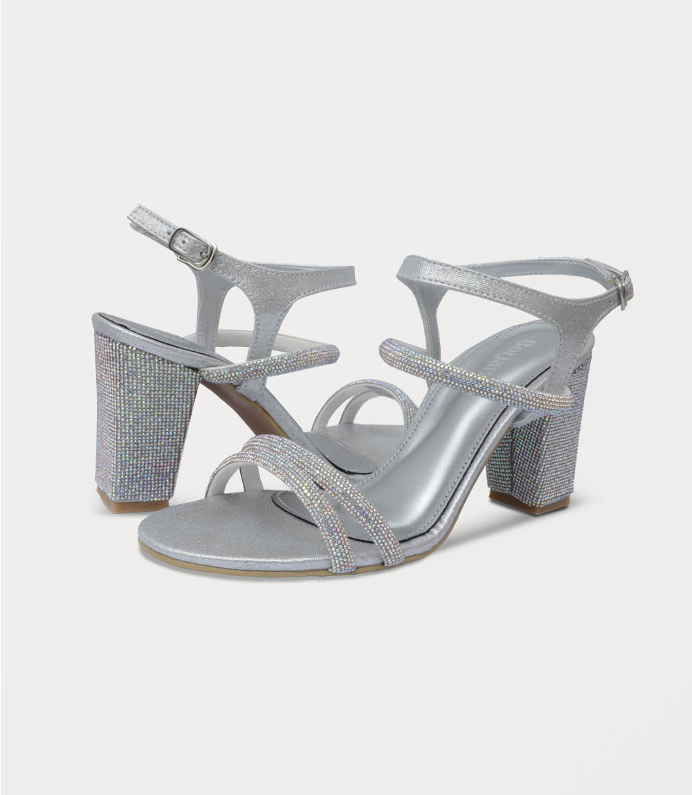 Iridescent Gem-Embellished Silver Block-Heel Sandals