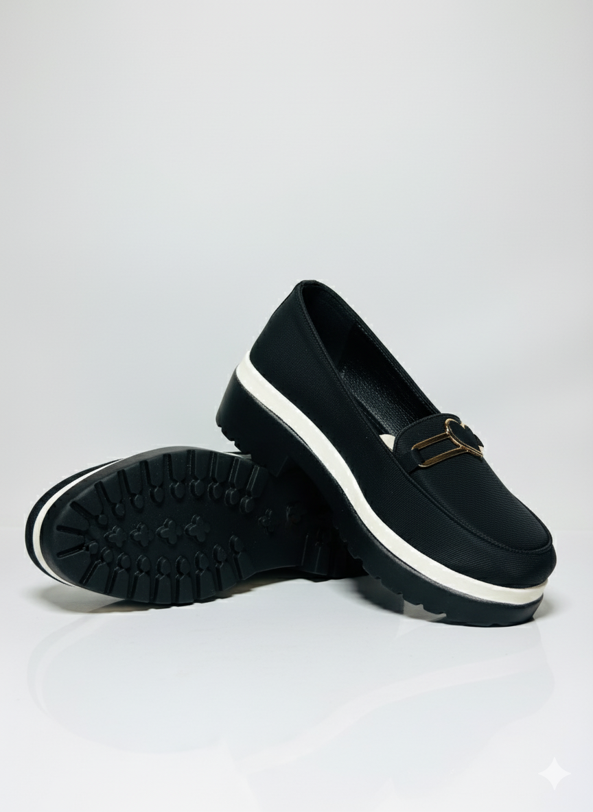 Chunky Sole Loafers: Black Elegance with Modern Hardware.