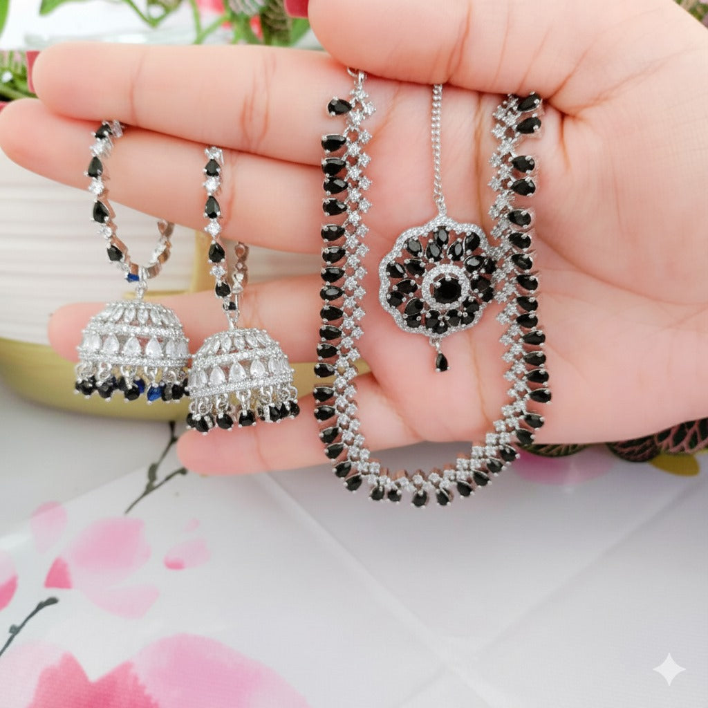 AA Royal Blue Sapphire & Diamond Bridal Jewelry Set – Necklace with Jhumka Earrings