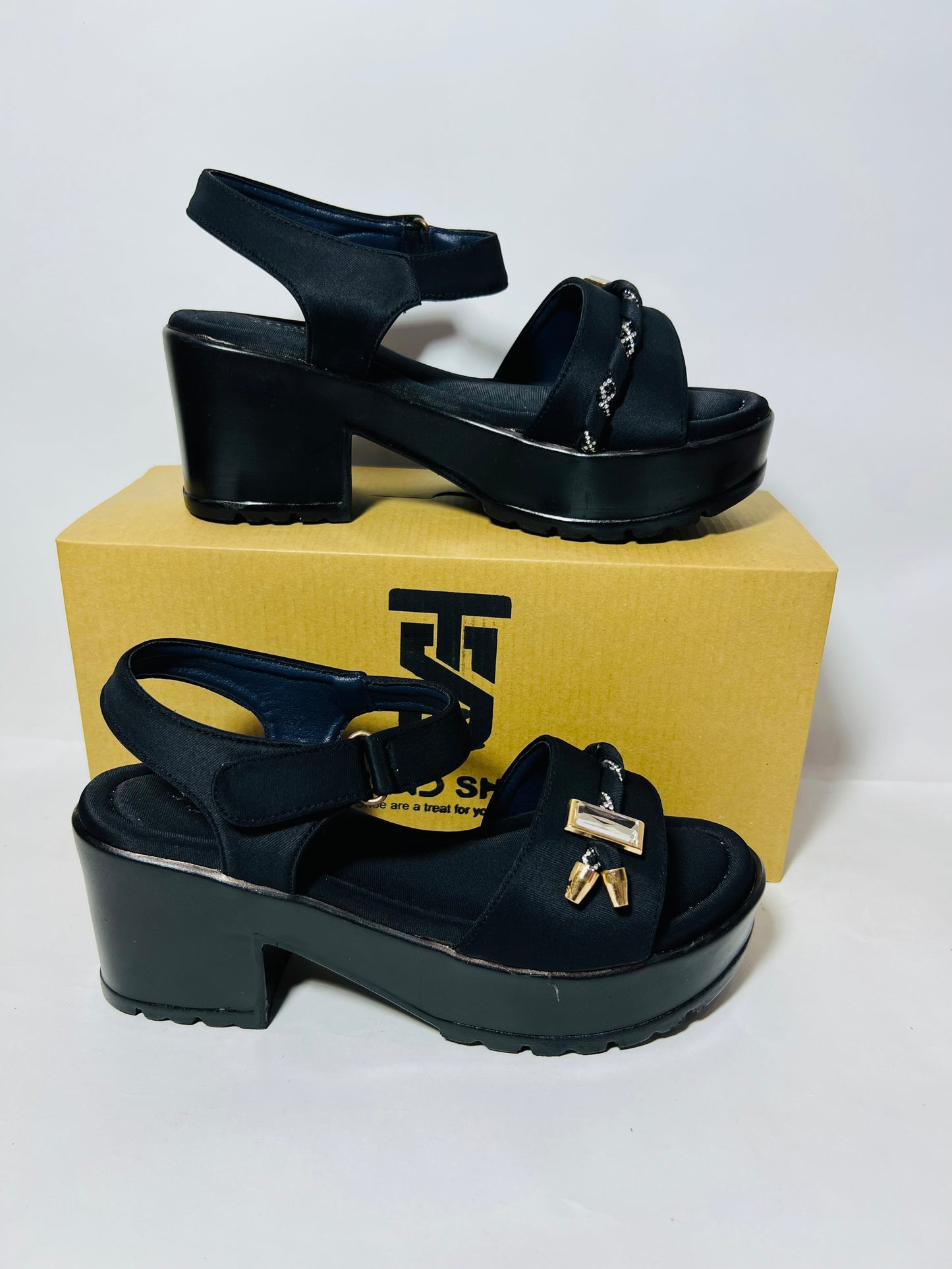 Chic Black Platform Sandals with Gold Buckle Detail