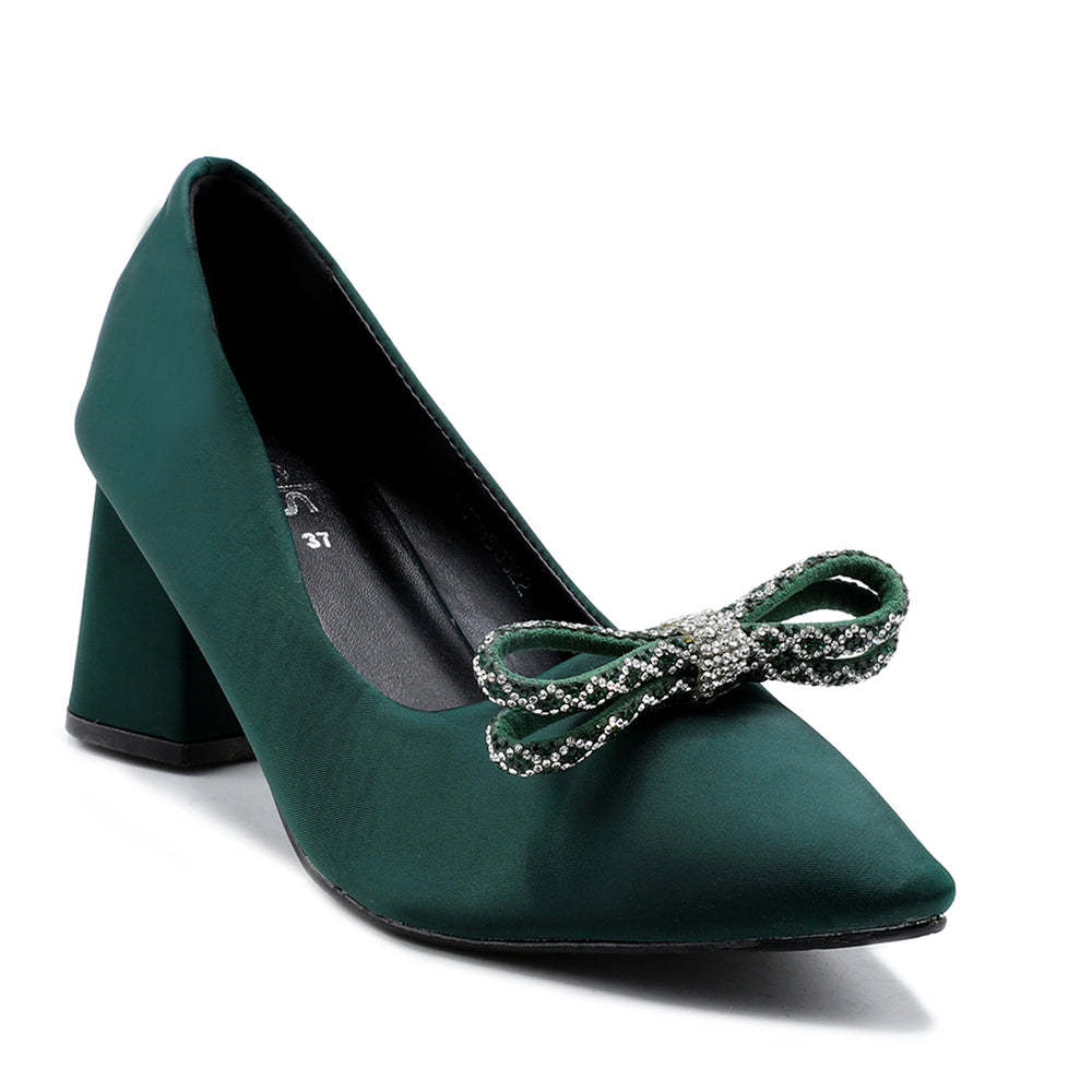 Elegant Satin Pointed-Toe Heels with Rhinestone Bow.