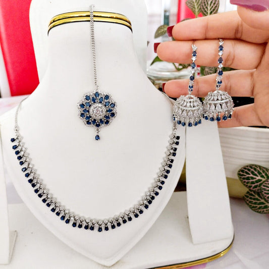 AA Royal Blue Sapphire & Diamond Bridal Jewelry Set – Necklace with Jhumka Earrings