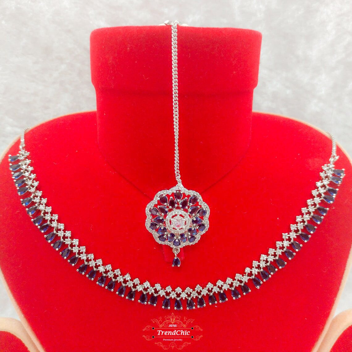 AA Royal Blue Sapphire & Diamond Bridal Jewelry Set – Necklace with Jhumka Earrings